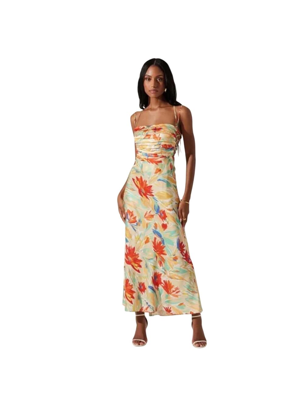 ASTR Antlia Floral Maxi Dress Lace Up Back Corset Ruched Tropical Resort Summer